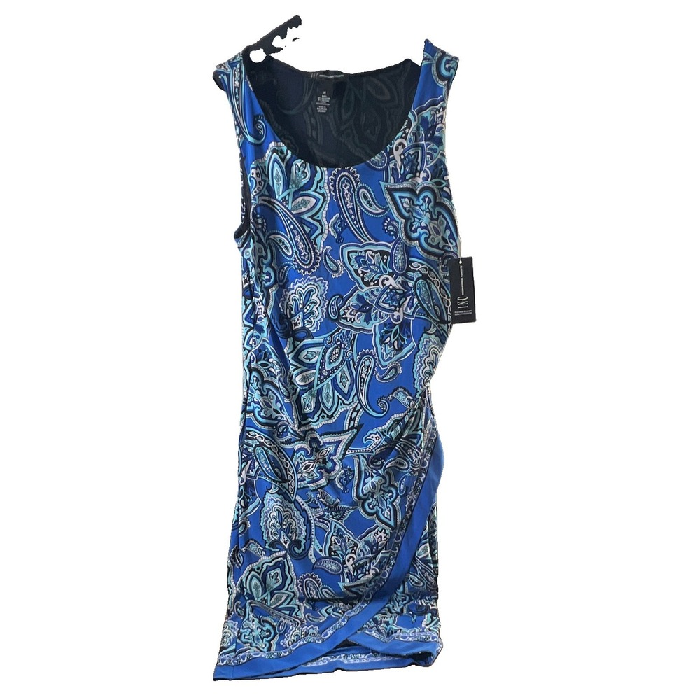 INC International Concepts Blue Paisley Sheath Scoop Neck Stretch Dress Size M